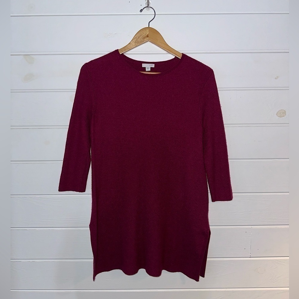 J. Jill Wool Blend Burgundy Knit 3/4 Length Sleeves Long Tunic Sweater Top Sz S